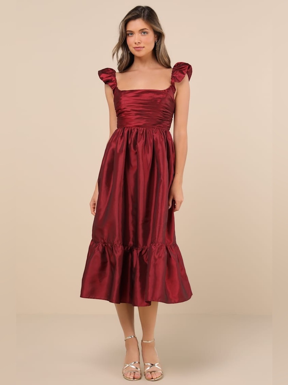 Lulus Poised Passion Wine Red Taffeta Pleated Ruffle Midi Dress Size XS NWT
